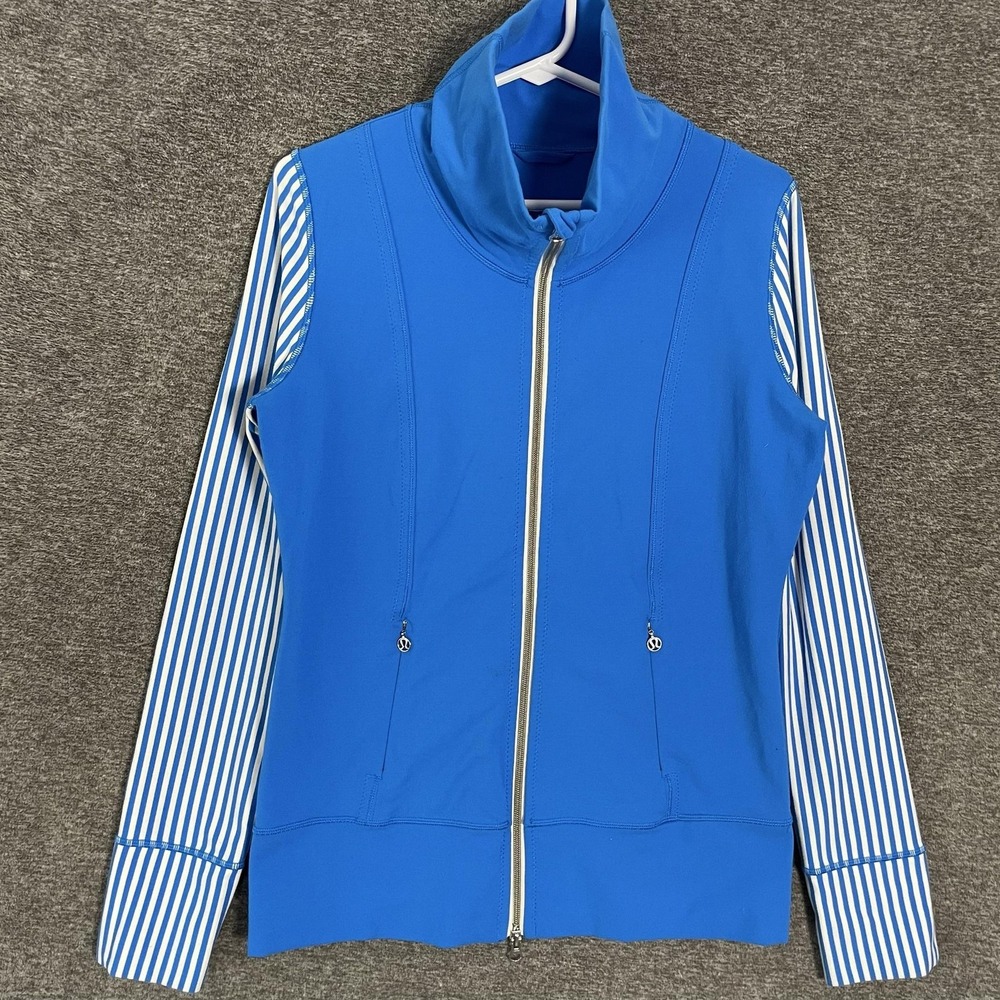 Lululemon Jacket Womens 8 Blue Striped Sleeves Full Zip High Collar Daily Yoga
